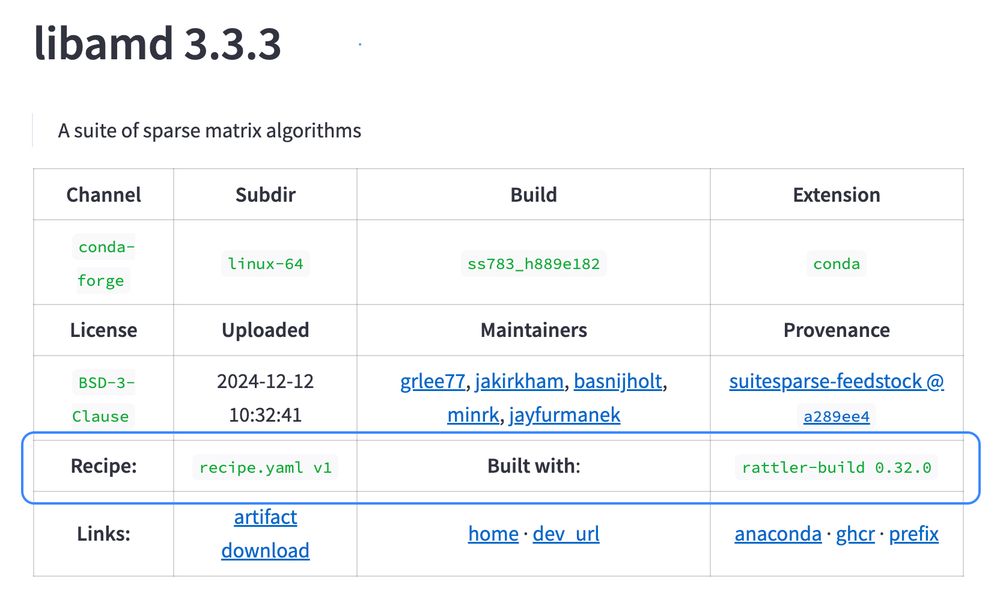 Screenshot of the conda-metadata-app UI, where we see a table of metadata concerning the libamd 3.3.3 package. A blue rectangle highlights a new row added to the table, with fields "Recipe" and "Built with" set to "recipe.yaml v1" and "rattler-build 0.32.0", respectively.