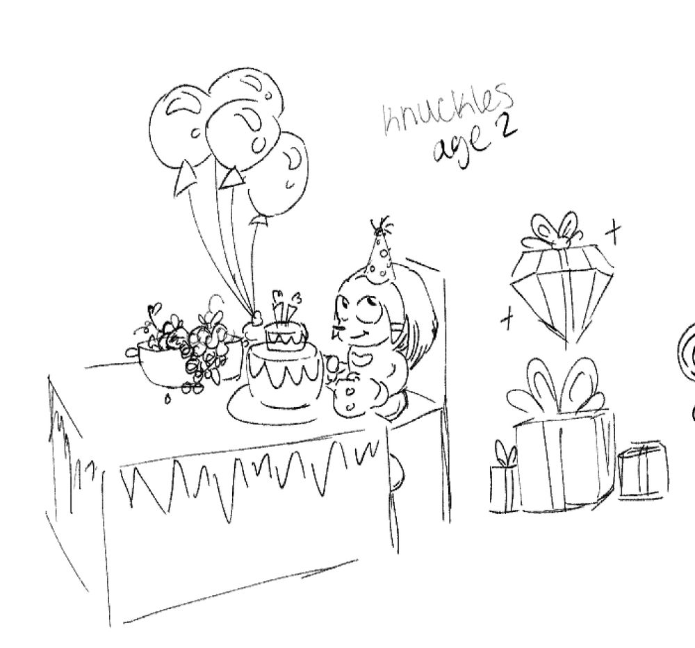 child knuckles seated at a table. theres a cake and a big bowl of grapes in front of him. theres a pile of presents and the master emerald has a bow on it. there is a gentle smile on knuckles face and he's wearing a party hat.
