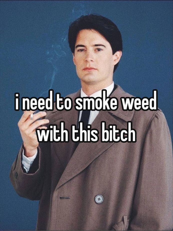 a meme made of a photo of the twin peaks character dale cooper holding a cigarette. it says in lowercase text: "i need to smoke weed with this bitch"