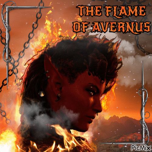 picmix of karlach cliffgate from baldur's gate 3. it says "the flame of avernus" in glittery orange text.