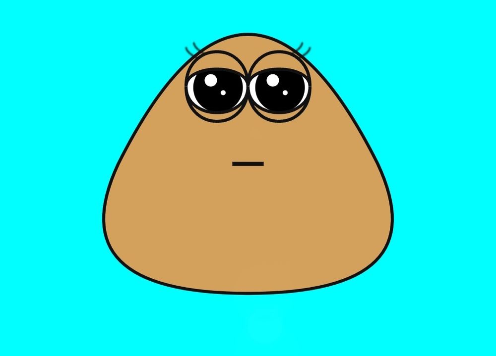 picture of a sad pou with eyelashes. its pupils are large, and its eyes look dewy and half lidded.