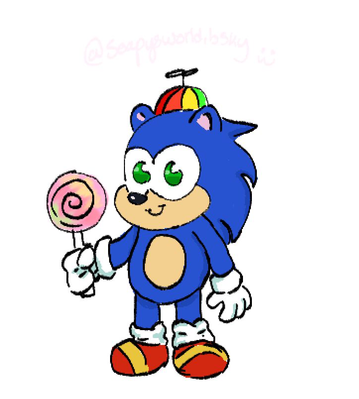 a drawing of little kid sonic. he has short and chubby legs and arms. he has a tiny little smile and big eyes. he has a propeller hat and is holding a big lollipop.