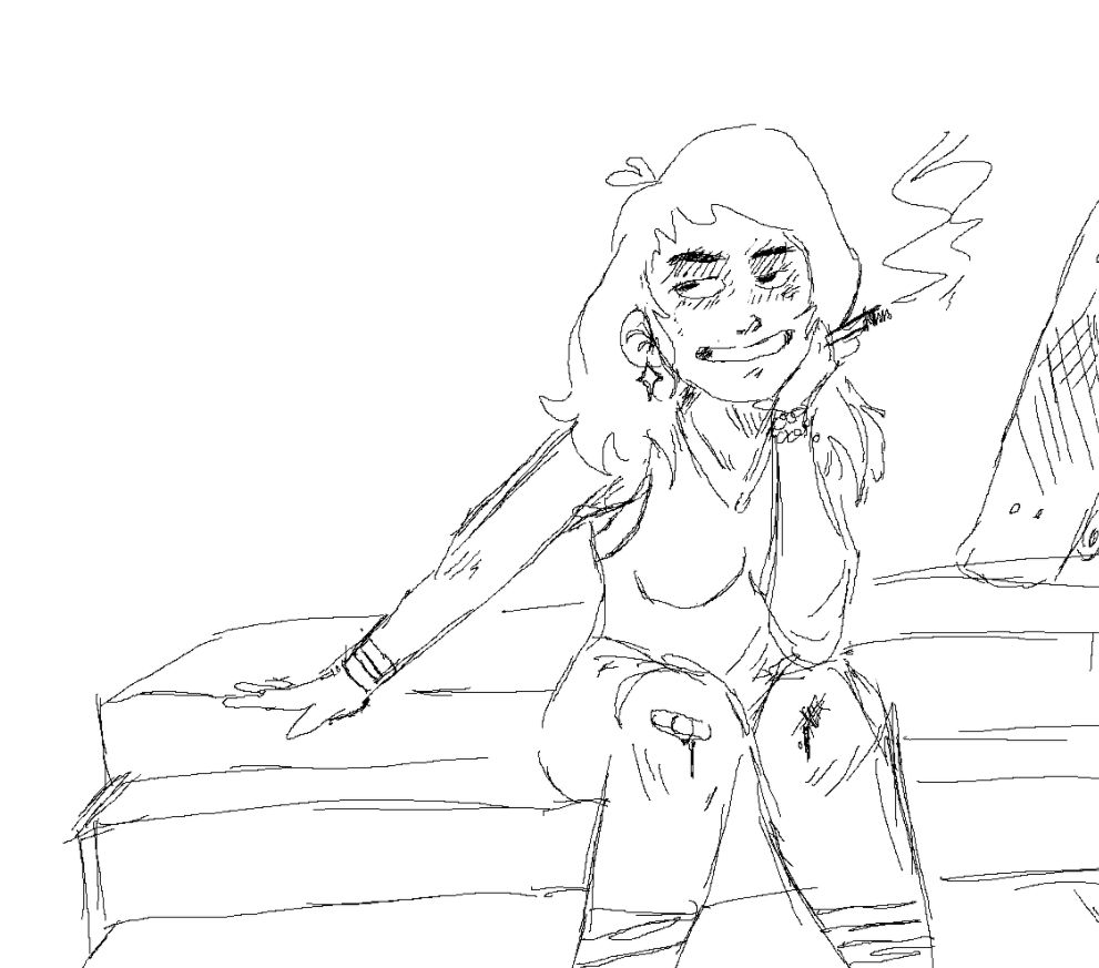 art of a skater girl sitting on steps. her skateboard is propped to the side. she has long hair, a star earring, and scuffed knees. she is wearing a tank-top, shorts, shin high socks, and bracelets on each arm. there is a cigarette between her fingers. she has a smirk on her face.