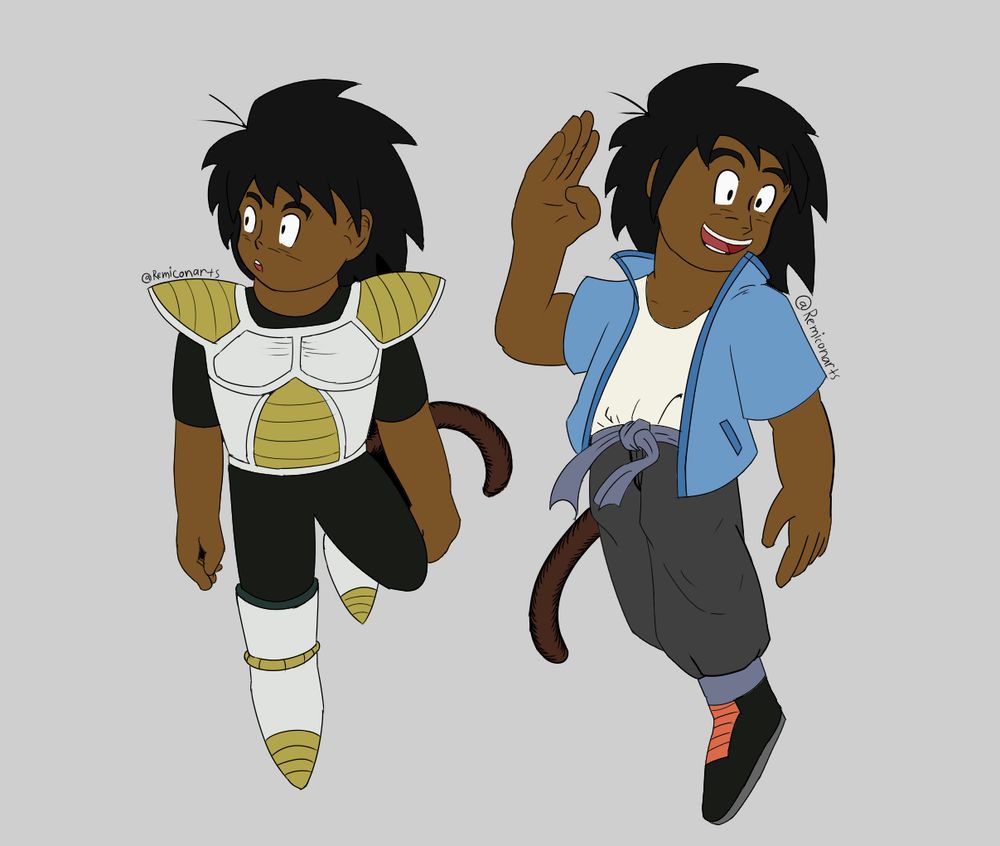 A drawing of a child saiyan named Sorello. He's drawn twice, once with typical saiyan armor, and a second time with more casual clothes consisting of a light blue jacket and the pants of a dark colored gi