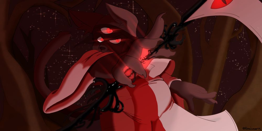 A drawing of Narinder summoning his scythe into an outstretched hand.