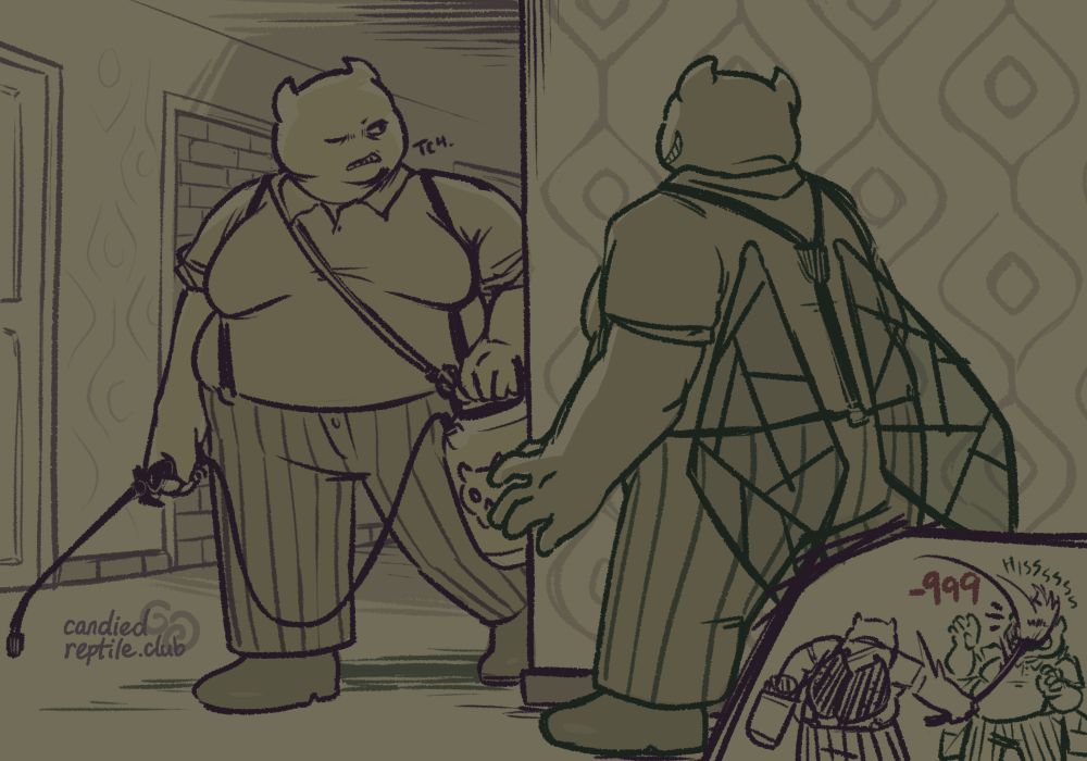 the Angel of Waste Disposal, carrying an insecticide sprayer, turns a corner in the Complex Apartments third floor maze and comes face to face with Simply You, imitating her form. she scowls. a small inset in a simpler style shows her smacking it in the face with a broom, dealing 999 damage. 