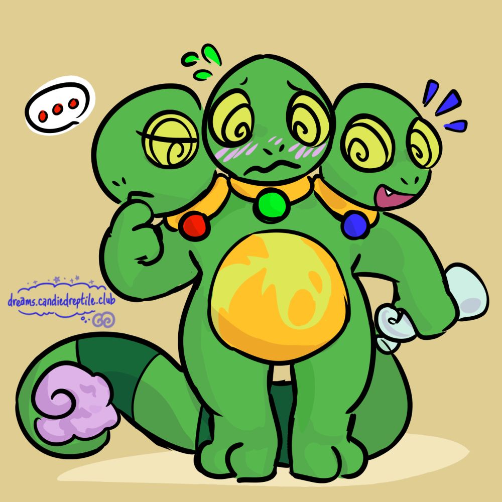 iridescent after drinking a potion of karma, all three heads still present and a tuft of wool on their tailtip. red looks thoughtful, green looks flustered, and blue is laughing.