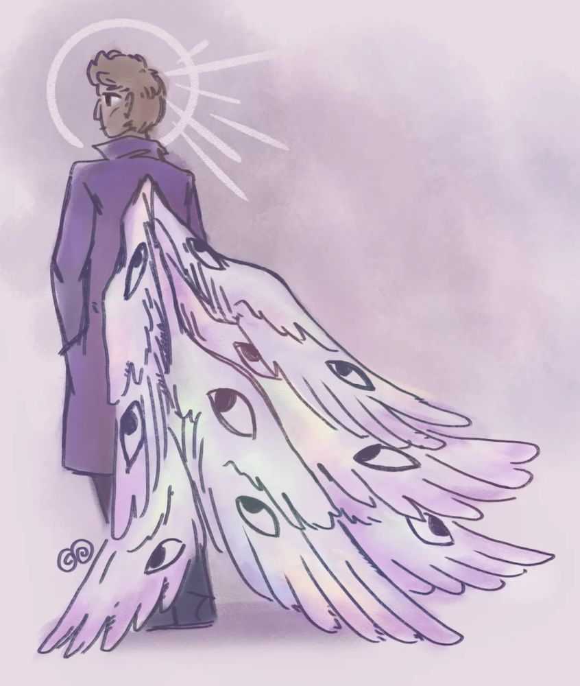 Johannes, a seraph/human hybrid, looking contemplatively into the distance; his six wings, white iridescently tinged with pink, are draped behind him like a cape. Character belongs to OrangeSpoot.