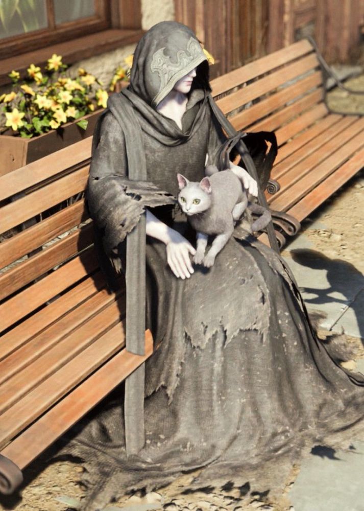 A Sephiroth clone in Remake sitting on a bench. A cat is in its lap, and the clone is smiling under its hood :)