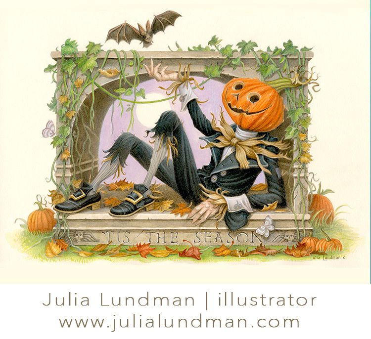 A pumpkin man in a black suit with a corn husk bow tie. He sits in a stone structure. There is a small bat saying hello at the top.
