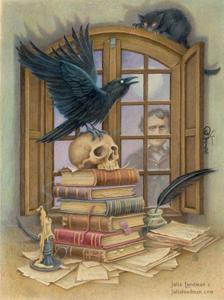 A stack of books with a raven and skull, against a window with Edgar Allan Poe outside