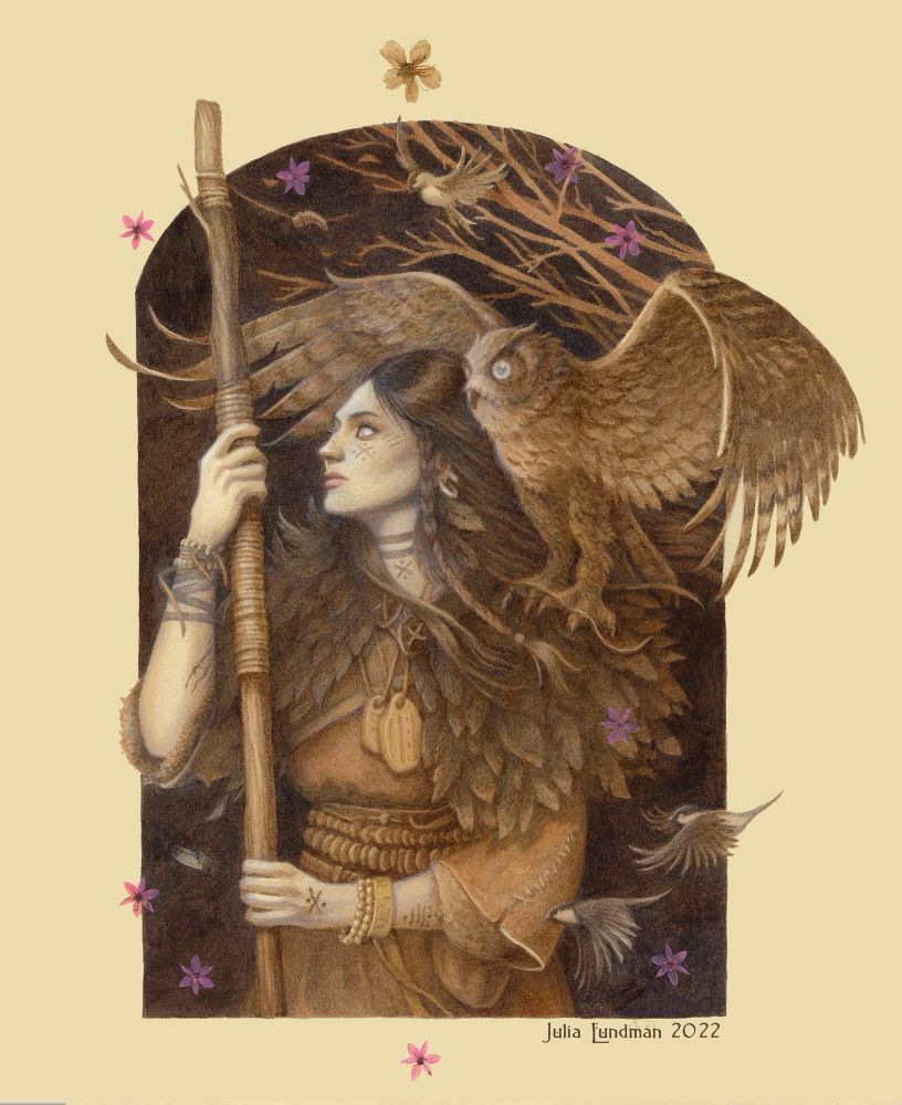 A sepia toned watercolor of a Mesolithic blind woman walking with a staff and owl familiar on her shoulder. The pink accents are pressed flowers.
