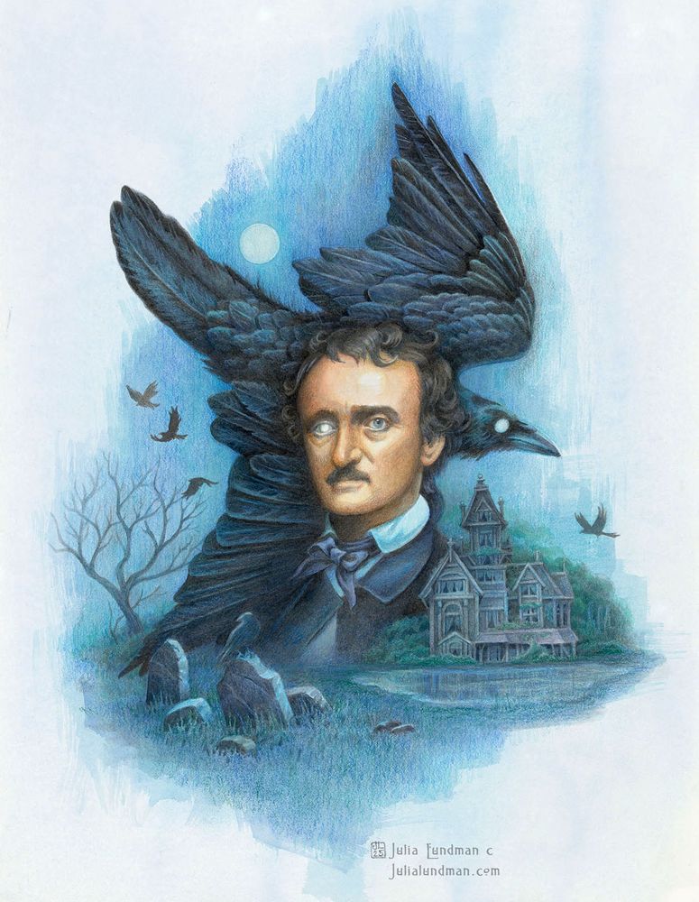 A montage painting of Edgar Allan Poe