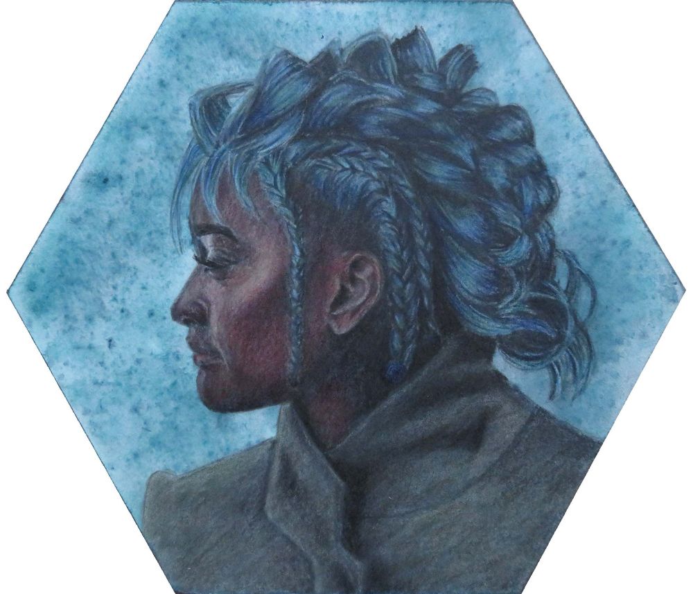Illustration of blue haired general on panel