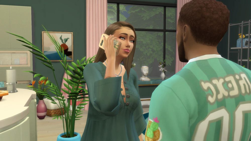 Solace holds her phone to her ear, looking concerned yet attentive as she listens, with Silas standing nearby.