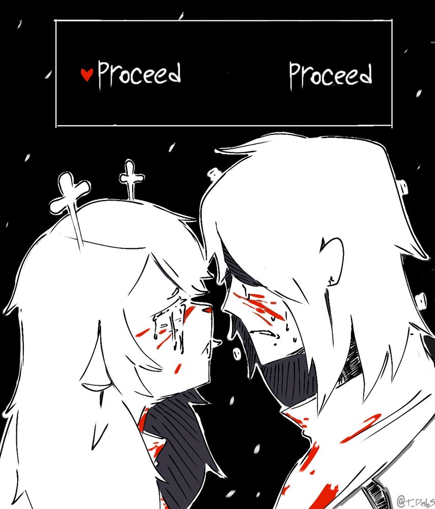 Noelle, shedding tears... Kris, sweating profusely... both of them covered by blood on their clothes and faces... they stand face to face as snow falls from above... The player makes their choice.
(Based this piece on My Chemical Romance's second album "Three Cheers For Sweet Revenge" cover art).