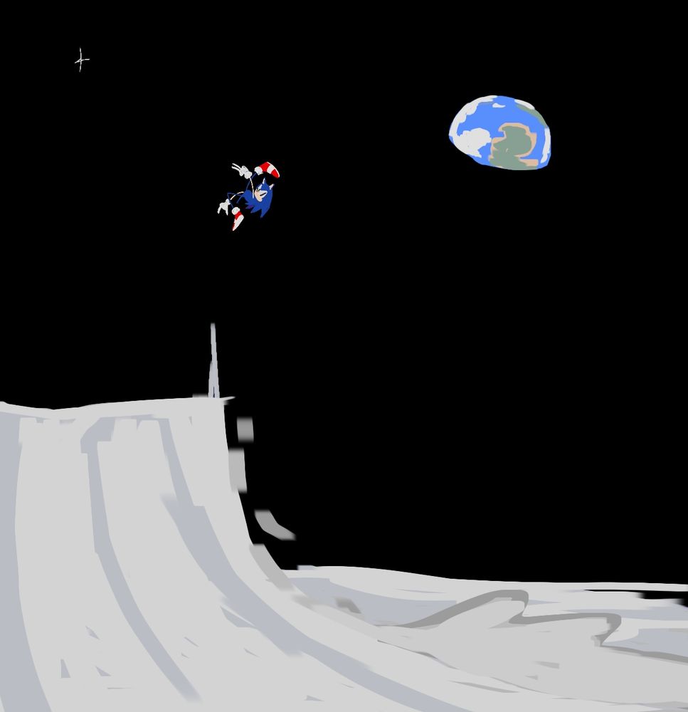 Sonic The Hedgehog striking a pose mid-air on the moon. Earth can be seen on the distance alongside a single shining star.

This drawing was inspired by Earthrise, a photograph of the earth taken from the moon.