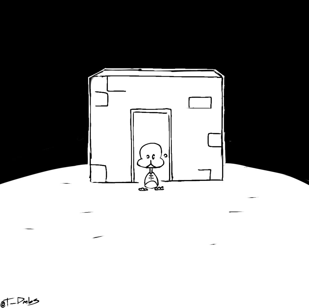 The Guardian from Petscop, standing in front of a small structure made of bricks, complete with a door.