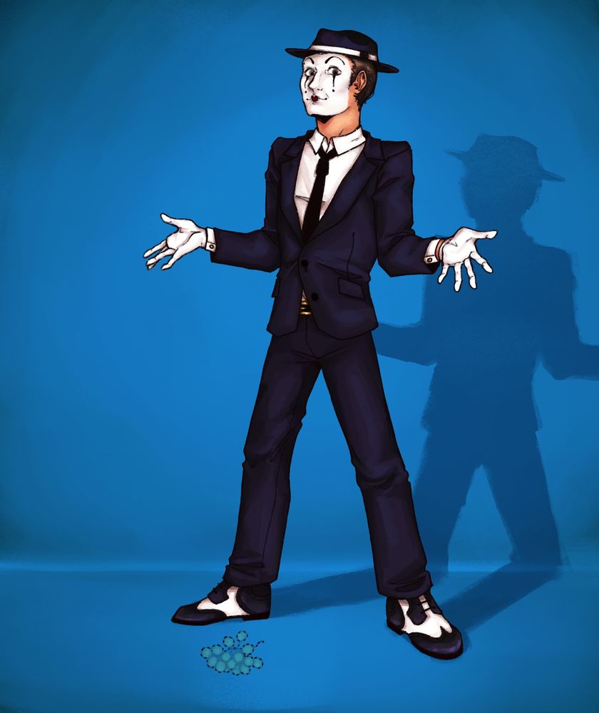 Benoit; A mime character posed in a parody of a photograph of Björk. He is standing in front of a blue background with his legs somewhat apart, and seemingly shrugging his shoulders. At his feet is the outline of a bunch of grapes, which are transparent and implied to be somehow mimed.

He has short, brown, slicked back hair. He is wearing a black fedora, a black two-piece suit with a black tie, white gloves, and black and white wingtip shoes. He has mime makeup on his face.