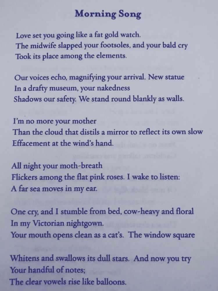 Morning Song

By Sylvia Plath


Love set you going like a fat gold watch.
The midwife slapped your footsoles, and your bald cry   
Took its place among the elements.

Our voices echo, magnifying your arrival. New statue.
In a drafty museum, your nakedness
Shadows our safety. We stand round blankly as walls.

I’m no more your mother
Than the cloud that distills a mirror to reflect its own slow
Effacement at the wind’s hand.

All night your moth-breath
Flickers among the flat pink roses. I wake to listen:
A far sea moves in my ear.

One cry, and I stumble from bed, cow-heavy and floral
In my Victorian nightgown.
Your mouth opens clean as a cat’s. The window square

Whitens and swallows its dull stars. And now you try
Your handful of notes;
The clear vowels rise like balloons.
