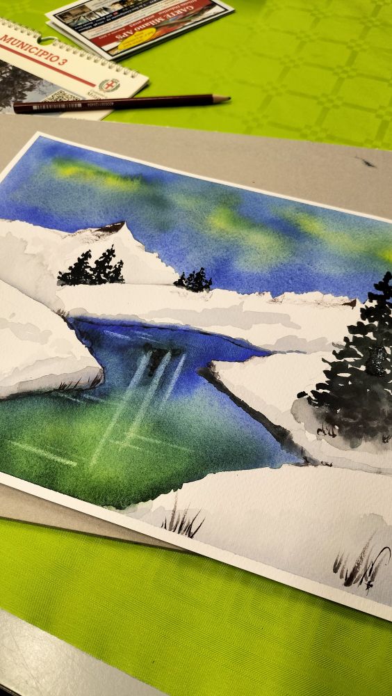 Acquerello che raffigura un paesaggio di montagna di notte