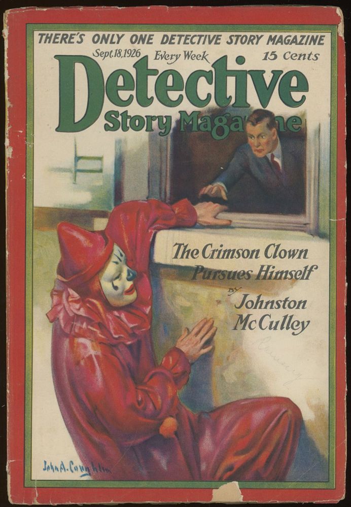 scan of a detective story magazine cover. the crimson clown by johnston mcculley is featured. a clown with a white face and red outfit hands onto a window ledge. a man inside reaches for him. 