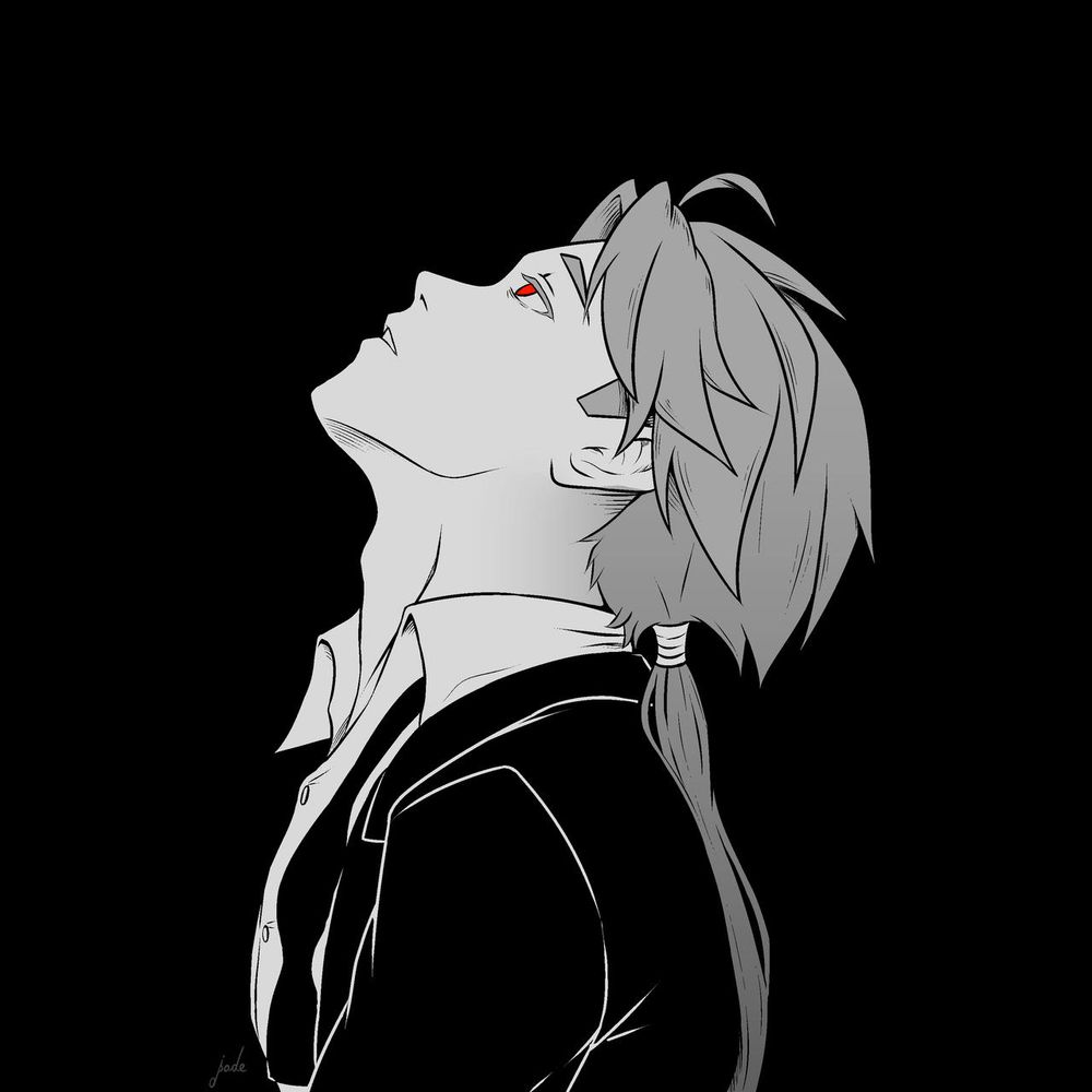 A black and white portrait of Fifteen (from Katana Zero). He wears a black suit with an untied bowtie, he has long hair (tied into a ponytail). The portrait is a side view of his face, he's looking upwards, almost in a trance. His red eyes are the only colored detail.