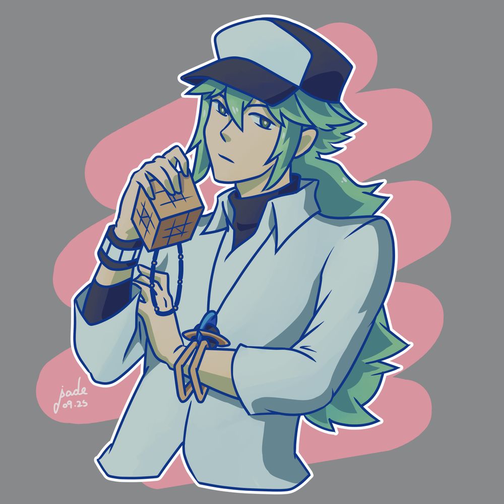 A bust picture of N Harmonia from Pokémon Black and White. He's a young man with spiky green hair, he wears a white shirt with a black undershirt, a black and white cap and some accessories. N looks at the viewer with a neutral expression while holding his weird Void Cube in his right hand.