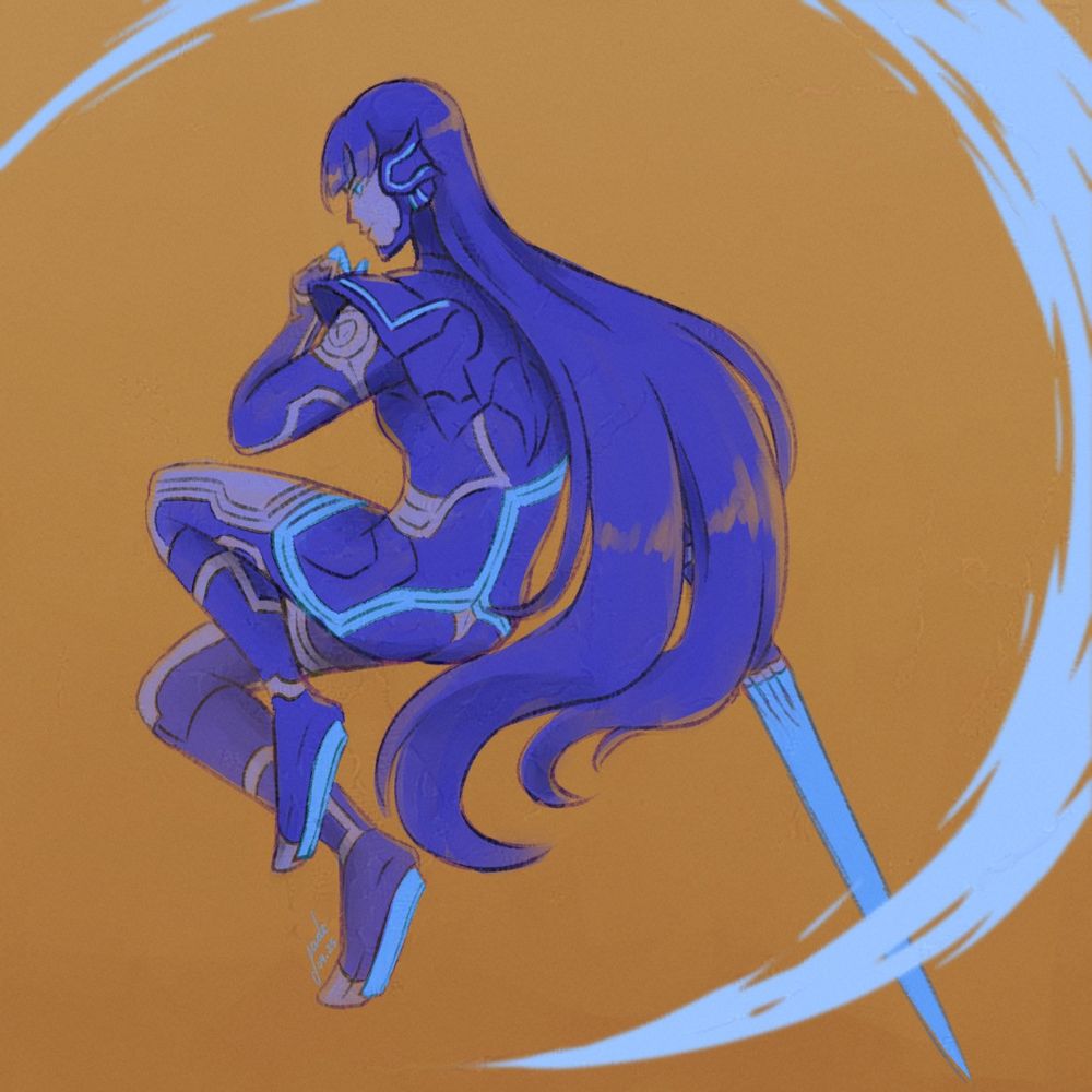 A sketch/doodle of Nahobino from Shin Megami Tensei 5. His pose is like as he's jumping. He has his back turned to the viewer, looking over his shoulder. His right hand fingers emanate his iconic energy blade. A big slash effect frames his figure in the picture.