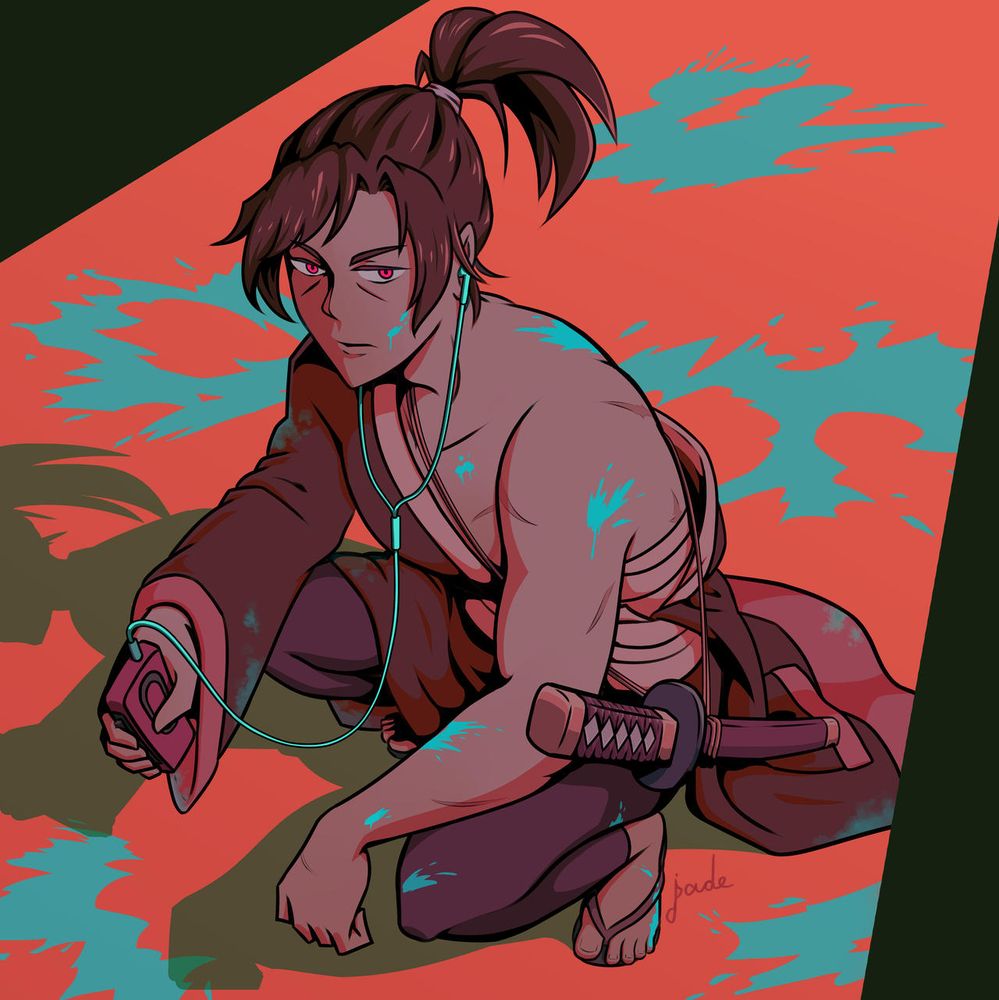 An illustration of Zero, from Katana Zero. He's a samurai(?) who combs his hair into a ponytail and has some scars on his body. He wears a black kimono (or is it a bathrobe?) with his left arm out and some bandages can be seen around his torso.
Zero, shown from a slightly elevated angle, is crouching looking at the viewer with an angry expression. He's wearing earphones which are connected to the music player he's holding with his right hand. On his left there's a katana which is hanging by a cord wrapped around his body.
The artwork uses reds and browns as main pallet which contrast with the various cyan bloodstains around the character and on his body.