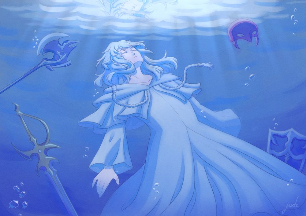An illustration of Themis, from Final Fantasy 14, in the aetherial sea. He's floating, looking upwards, but with closed eyes almost as if he's sleeping. The water surface shines on him. Many objects regarding his story are scattered around him. Ardbert's ax, his Elidibus mask, and the sword and shield of the original Warrior of Light.