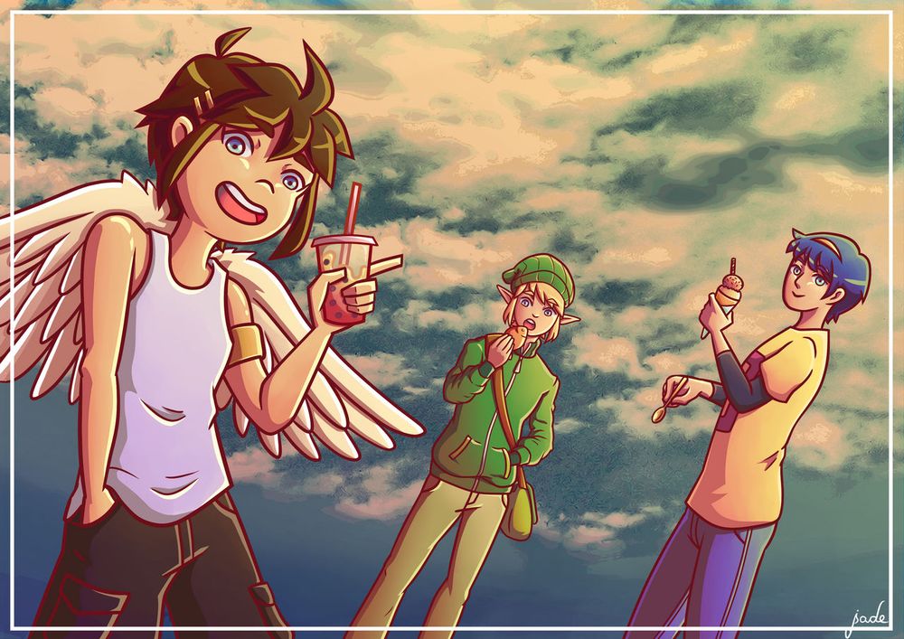 A cute drawing of Pit, Link and Marth (all Nintendo characters) in casual clothing and hanging out. Each one is holding some kind of snack. Pit got bubble tea, Link's is eating a tayaki and Marth has some ice cream.