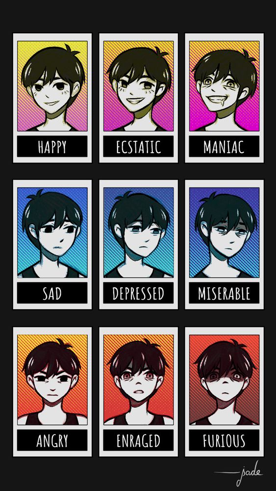 A 3x3 grid featuring Omori. He has short, dark hair and light skin. Each portrait represents a emotion.

Top row (left to right):
-Happy: Omori smiles subtly.
-Ecstatic: he character has a broad smile with eyes wide open.
-Maniac: he smiles widely with eyes open and eyebrows raised, showing an exaggerated expression.

Middle row (left to right):
-Sad: Omori looks down slightly with a neutral to downturned mouth.
-Depressed: he has a somber expression with a downward gaze.
-Miserable: his expression is weary, with slightly narrowed eyes.

Bottom row (left to right):
-Angry: Omori has a stern expression, slight frown, and narrowed eyes.
-Enraged: his eyes are wide with an open mouth, showing intensity.
-Furious: his face is in shadow with glowing eyes, appearing ominous.