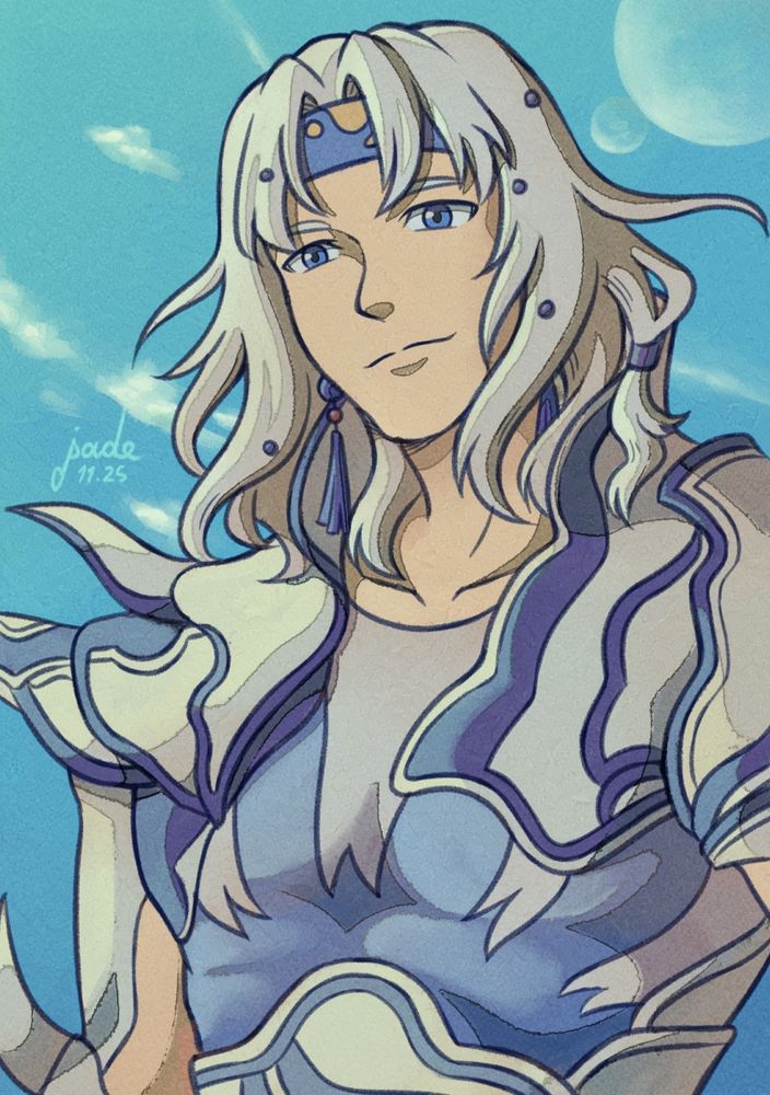 A bust illustration of Cecil Harvey from Final Fantasy 4. He's a young man with white hair which is adorned by purple beads, his eyes are blue and he wears a detailed white armor with purple details. Cecil gives a warm smile at the viewer. A clear blue sky with a few wispy clouds and twin moons can be seen in the background.