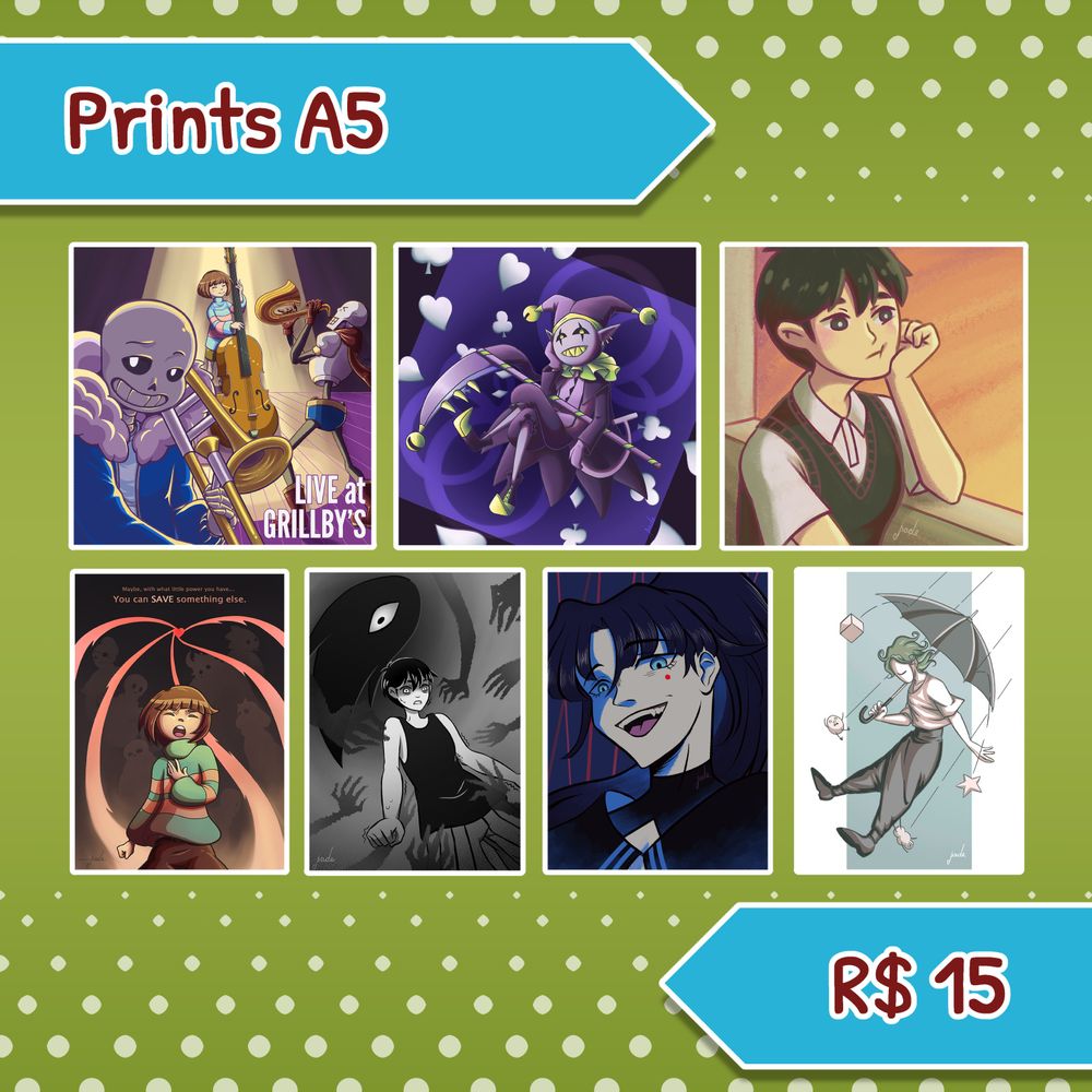 Página 2 do meu catálogo: prints A5 custando R$ 15. Prints A5 terei Undertale, Deltarune, Omori, Ado e Eve.