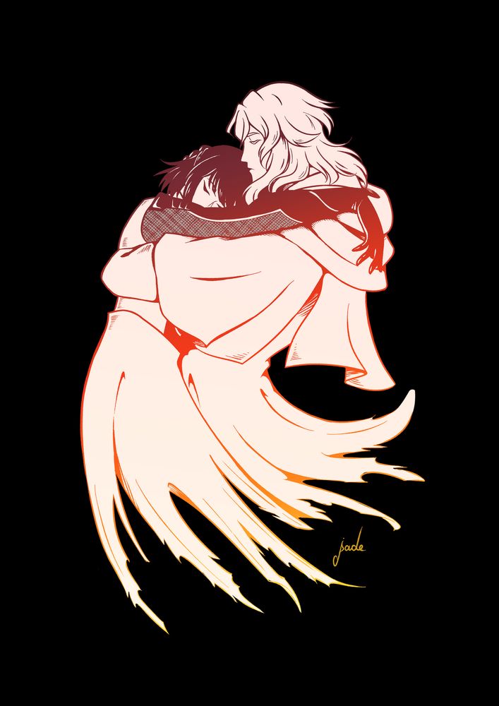 A redraw of the iconic Final Fantasy 8 logo using my Warrior of Light (WoL for short) and Themis from Final Fantasy 14. They're embracing each other, the WoL has her right arm resting on Themis shoulder while he holds her. Both have their eyes closed almost as if they were resting.