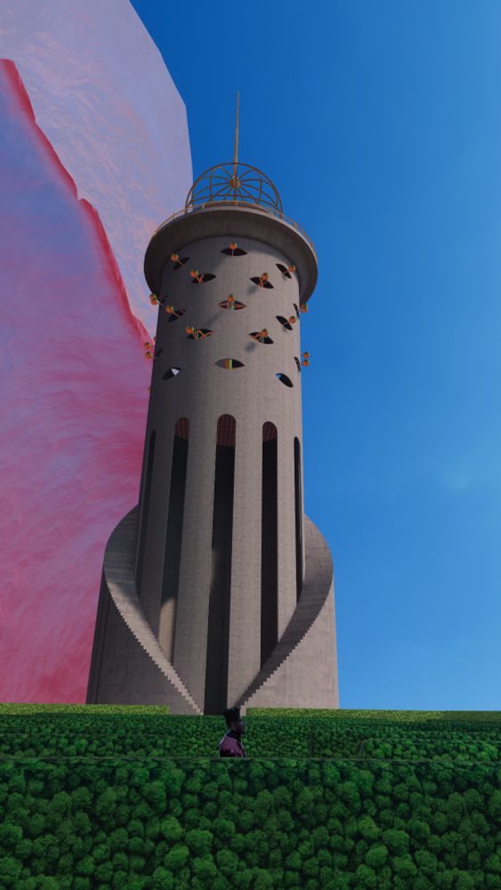 Tower, I hardly know her! (*groans internally*)  

This is an eyedyllic little tower amongst a hedge maze. Lots of hedge though, really does just want us to beat around the bushes I guess.  

Speaking of which, bushes in front of a long hard tower, couldn't be a metaphor, nope, certainly not.  
