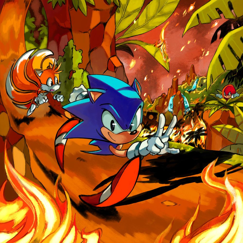 Commission for Retronauts. Sonic and Tails run through a burning Angel Island Zone while Knuckles looks on from a bush.