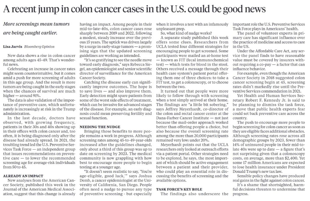 Oregonian, 8/7/25, p. A10. https://reader.theoregonian.com/a-recent-jump-in-colon-cancer-cases-in-the-u-s-could-be-good-news/content.html