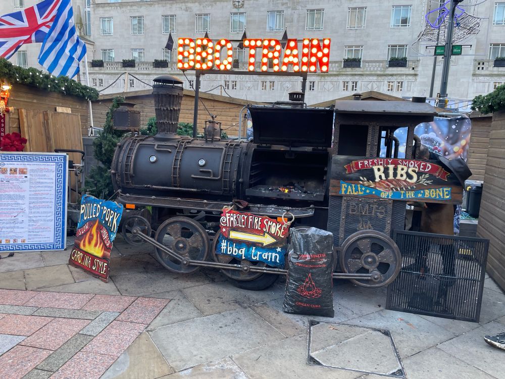 A BBQ smoker in Leeds Xmas Market that is built to look like a steam train