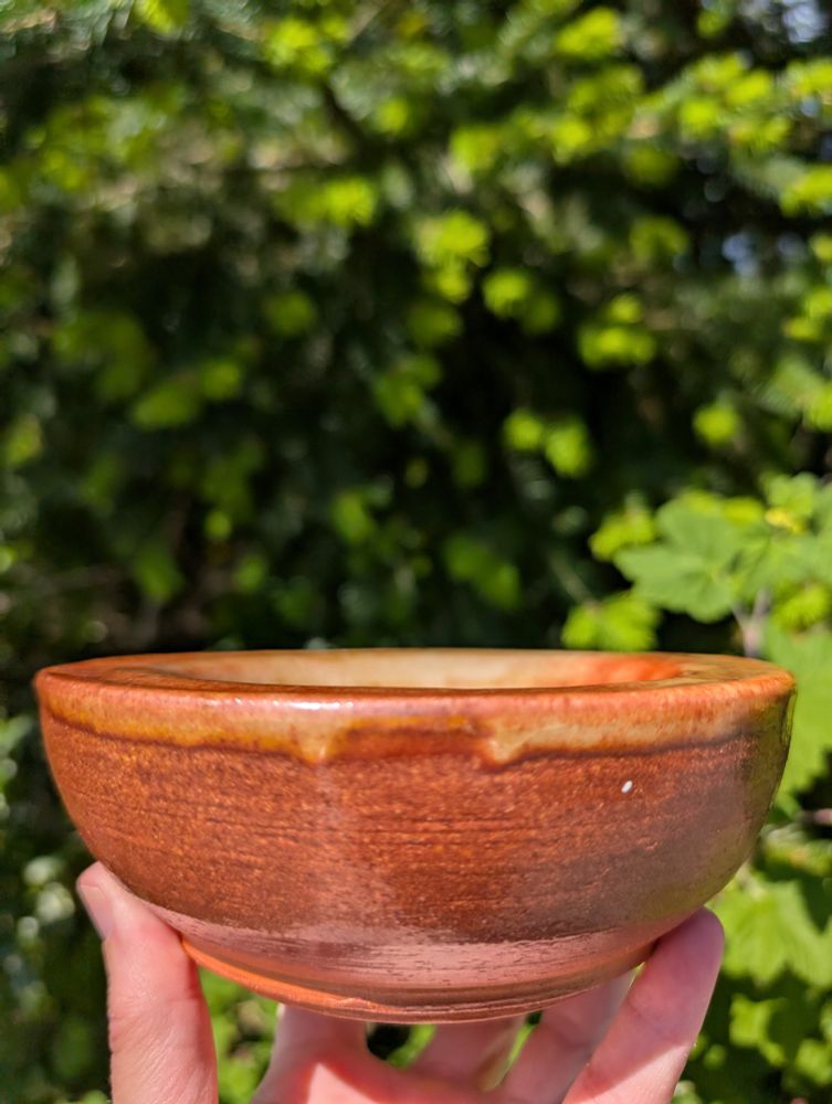 Hand holding for inspection a thick looking wood fired, orange tinted bowl. Sunny natural background