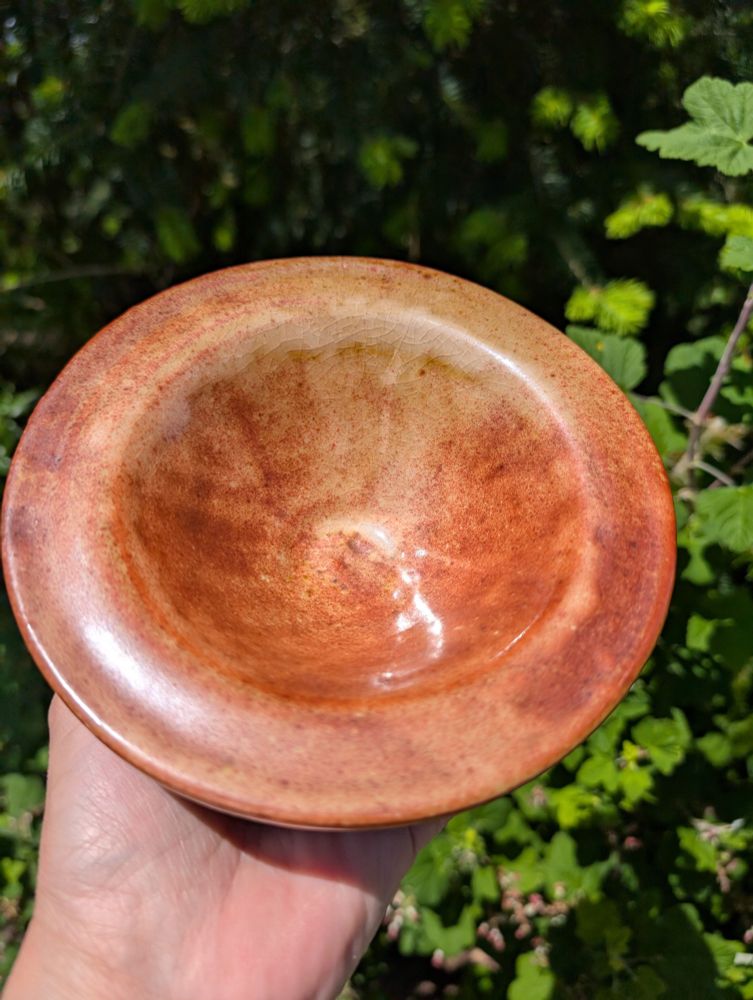 Hand holding for inspection a thick looking wood fired, orange tinted bowl. Sunny natural background
