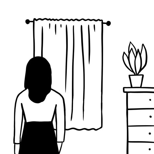 a black and white drawing of a woman looking out a window with a phone charging