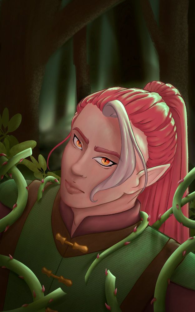 Illustration of an elf, with pointy ears. His hair is mostly crimson red, with a little piece of white on his bangs. He is staring up with an enigmatic expression on his face. He is on the woods, involved in vines and thorns.