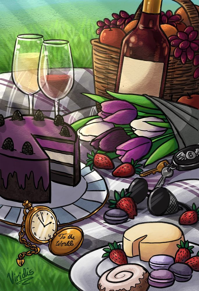 A picnic spread in asexual flag themed colors including a tartan blanket, ace cake, and tulips in white and purple. 