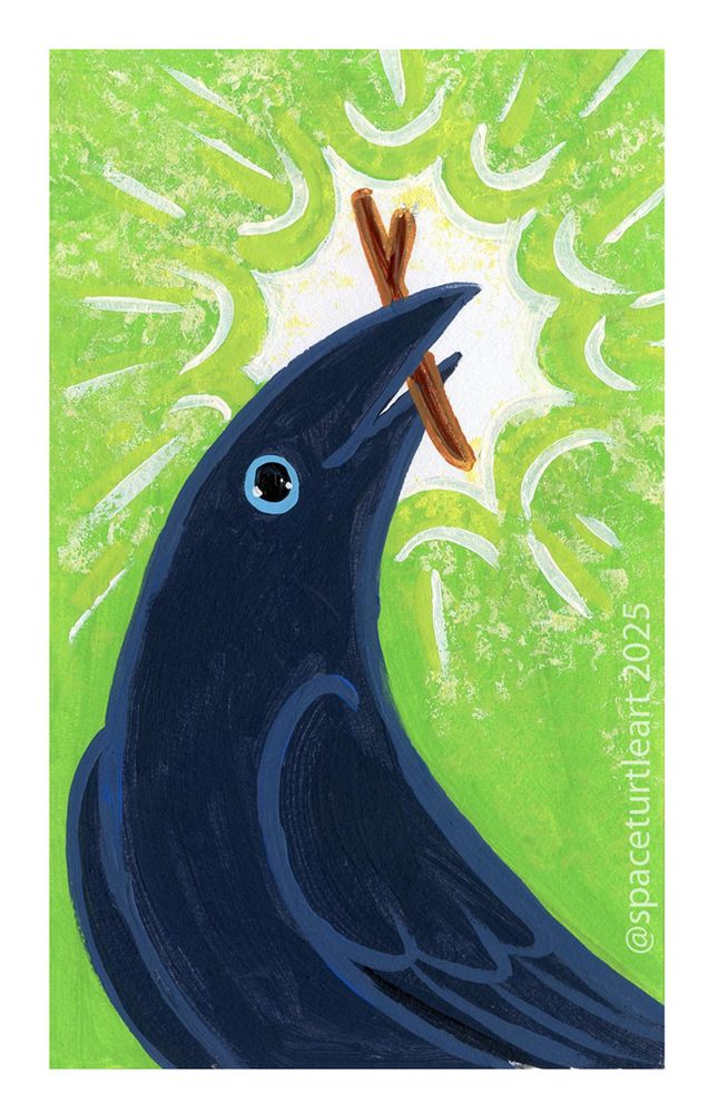 A cartoon crow simplified into a dark grey swoop clutching a small stick in his beak. The background is light green with a dramatic starburst behind the stick.