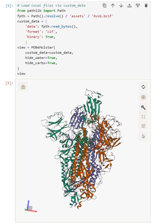 A screenshot of jupyter lab showing a code cell where a local .bcif file is loaded and passed to `PBDeMolstar`. The output is a 3D render of nCov spike protein.