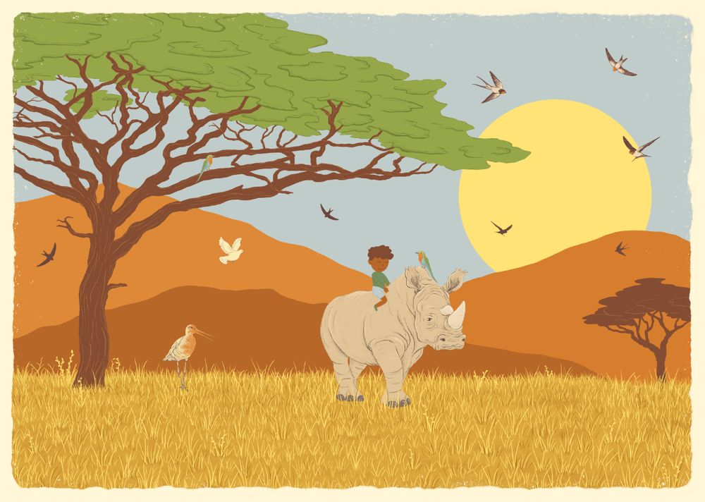 illustration of a baby boy riding a rhino into the sunset