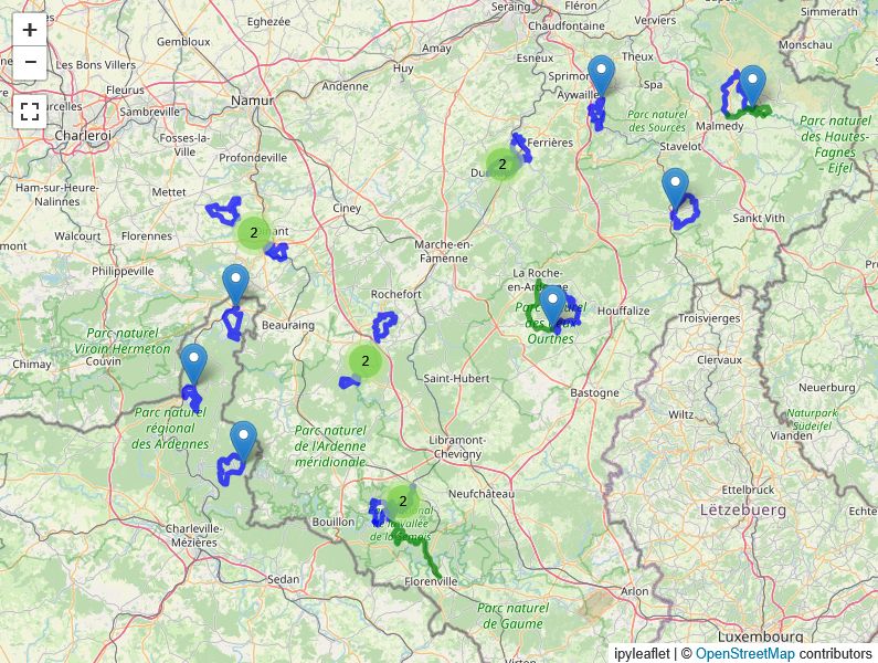 Map of hiking routes in the Belgian Ardennes, with markers and trails highlighting hikes.