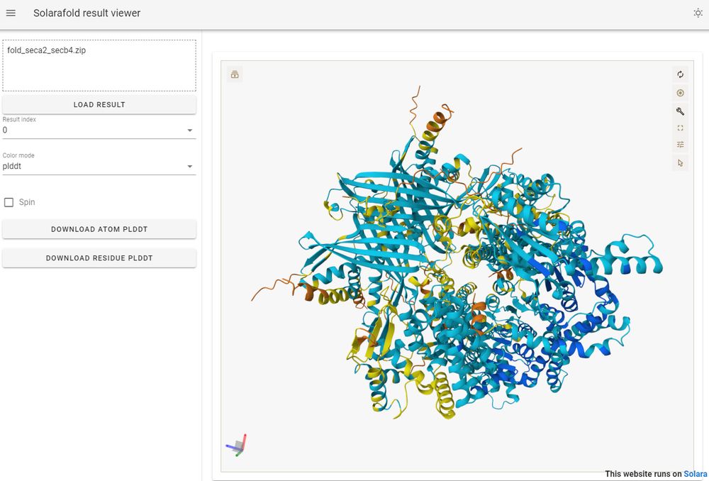 A screenshot of the solarafold result viewer showing SecA2:SecB4 complex with plddt residue colors